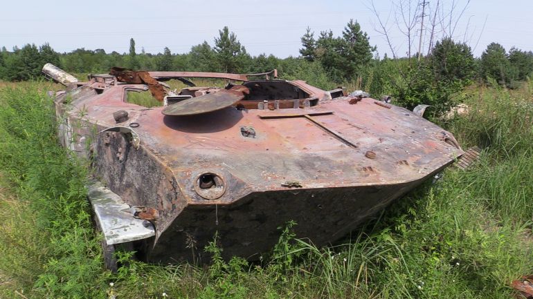 A Russian armored vehicle outside Bucha Mansur