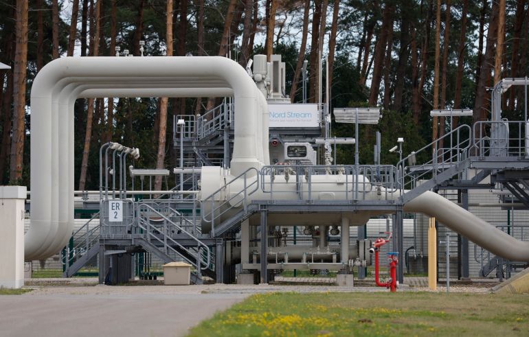 Natural gas pipeline in northeastern Germany, close to the border with Poland – the industrial infrastructure includes a receiving and distribution station for the Nord Stream 1 pipeline.