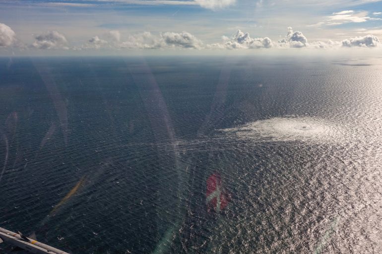 A gas leak is seen along a section of the Nord Stream 2 pipeline