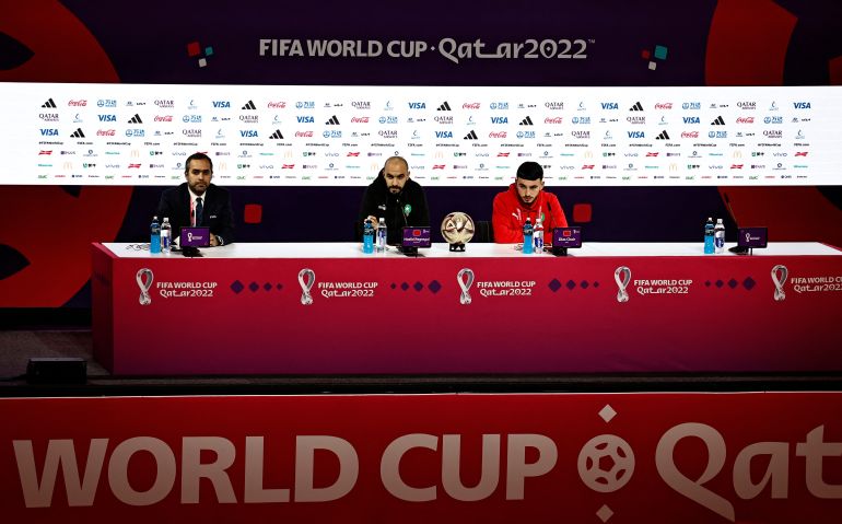 Morocco coach Walid Regragui and Ilias Chair during the news conference