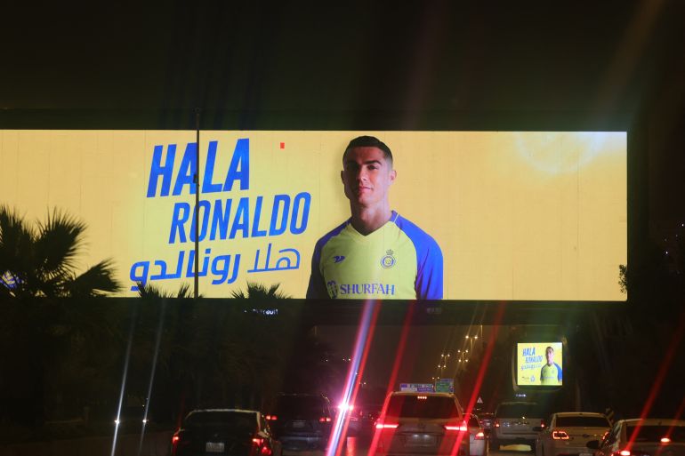 A billboard in Riyadh welcomes the arrival of Cristiano Ronaldo to Saudi Arabia’s Al Nassr club on January 3, 2023