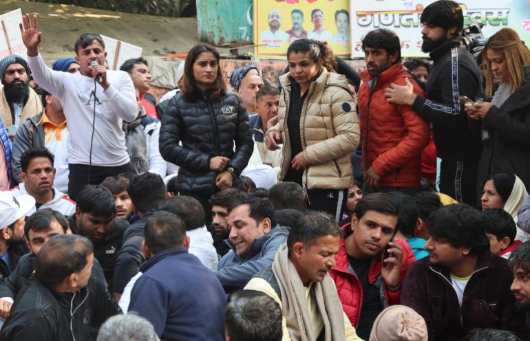 Vinesh Phogat, Sakshi Malik, Bajrang Punia and other Indian wrestlers take part in a protest demanding the disbandment of the WFI and the investigation of its head by the police