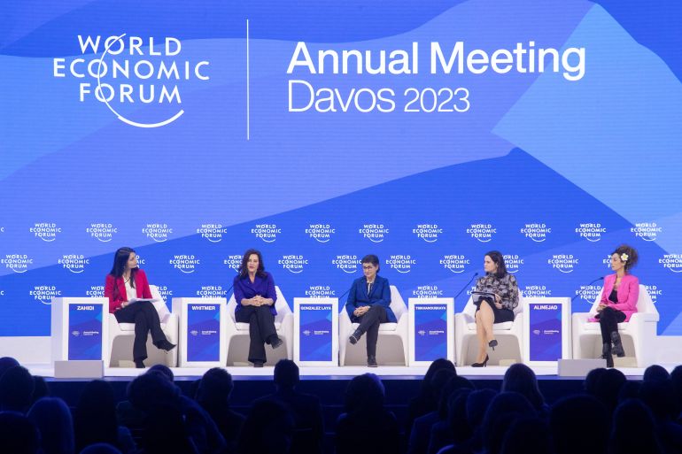 World Economic Forum Geneva Managing Director Saadia Zahidi, Dean at the Paris School of International Affairs (PSIA) Arancha Gonzalez Laya, Governor of the State of Michigan Gretchen Whitmer, Leader of the Democratic Forces of Belarus Sviatlana Tsikhanouskaya, and journalist and activist Masih Alinejad attend the session "Women's Leadership: Towards Parity in Power" during the World Economic Forum (WEF) 2023 in the Alpine resort of Davos, Switzerland, January 19, 2023.
