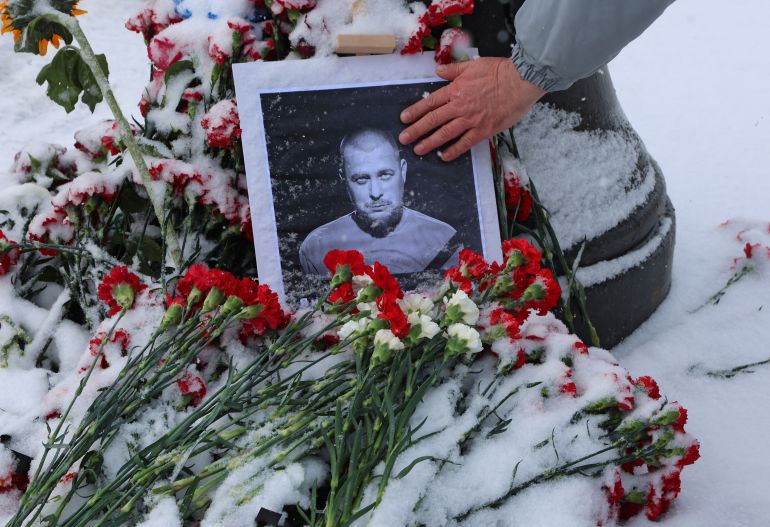 A portrait of Russian military blogger Vladlen Tatarsky, (real name Maxim Fomin), who was killed in the cafe explosion the day before