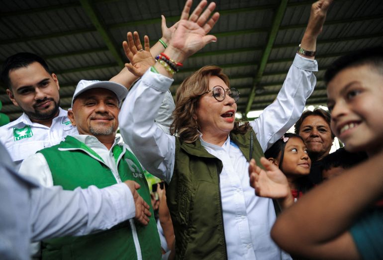 Torres gestures during a campaign event in Guatemala City, May 27, 2023