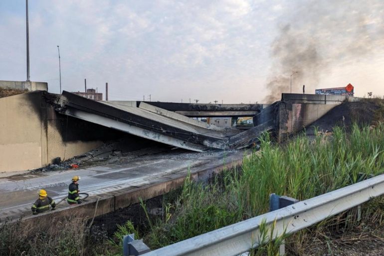 A general view shows the partial collapse of Interstate 95 after a fire underneath an overpass in Philadelphia, Pennsylvania