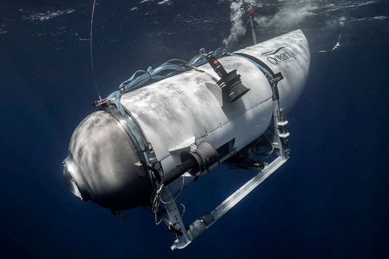 The Titan submersible, operated by OceanGate Expeditions to explore the wreckage of the sunken Titanic off the coast of Newfoundland, dives, in an undated photograph