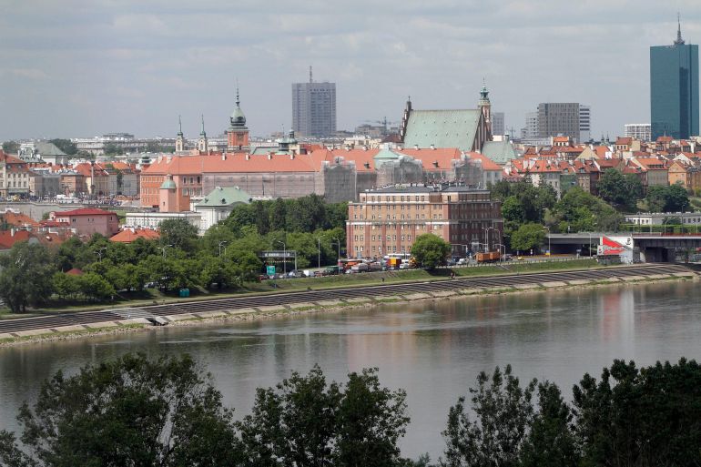 Aerial view made from a hot air balloon of downtown Warsaw, Poland and the Vistula River, on Friday, May 18, 2012. Warsaw is readying to host the Euro 2012 soccer championships' opening match between Poland and Greece on June 8. The championships will run through July 1 in four cities in Poland and four cities in neighboring Ukraine. (AP Photo/Czarek Sokolowski)