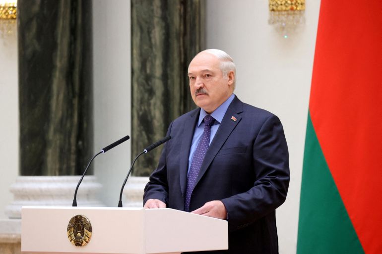 Belarusian President Alexander Lukashenko delivers a speech during a meeting with high-ranking military officers in Minsk, Belarus, in June 2023