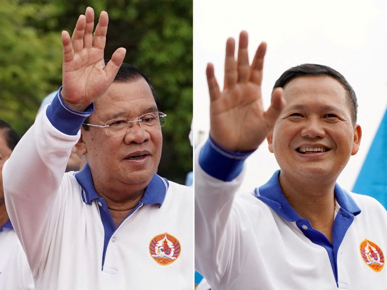 FILE PHOTO: This combination photo shows Cambodia's Prime Minister Hun Sen and his son Hun Manet during election campaign rallies in Phnom Penh, Cambodia, July 1, 2023 and July 21, 2023 respectively. REUTERS/Cindy Liu/File Photo