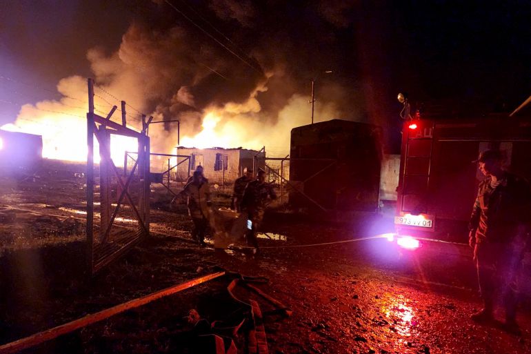 This handout photograph taken and released on September 25, 2023 by the Nagorno-Karabakh Human Rights Ombudsman shows a fire at a fuel depot outside Stepanakert. - More than 200 people were injured in a blast at a fuel depot in Nagorno-Karabakh, a separatist official said Monday, calling for urgent medical assistance. (Photo by Handout / Nagorno-Karabakh Human Rights Ombudsman / AFP) / RESTRICTED TO EDITORIAL USE - MANDATORY CREDIT "AFP PHOTO /NAGORNO-KARABAKH HUMAN RIGHTS OMBUDSMAN" - NO MARKETING NO ADVERTISING CAMPAIGNS - DISTRIBUTED AS A SERVICE TO CLIENTS - RESTRICTED TO EDITORIAL USE - MANDATORY CREDIT "AFP PHOTO /NAGORNO-KARABAKH HUMAN RIGHTS OMBUDSMAN" - NO MARKETING NO ADVERTISING CAMPAIGNS - DISTRIBUTED AS A SERVICE TO CLIENTS /