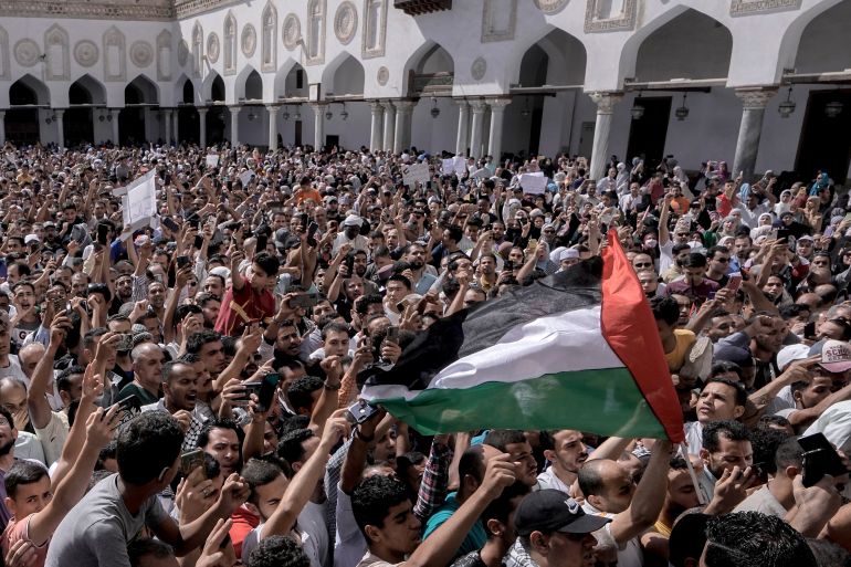 Protesters gathered on Friday after prayers to show solidarity with the people of Gaza at Al-Azhar mosque in Cairo on Friday, October 20, 2023