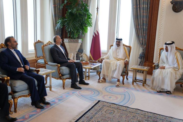 Iran’s FM Hossein Amir-Abdollahian meets with Qatar’s Emir Sheikh Tamim bin Hamad Al Thani in Doha, Qatar [Handout by Iranian Ministry of Foreign Affairs]