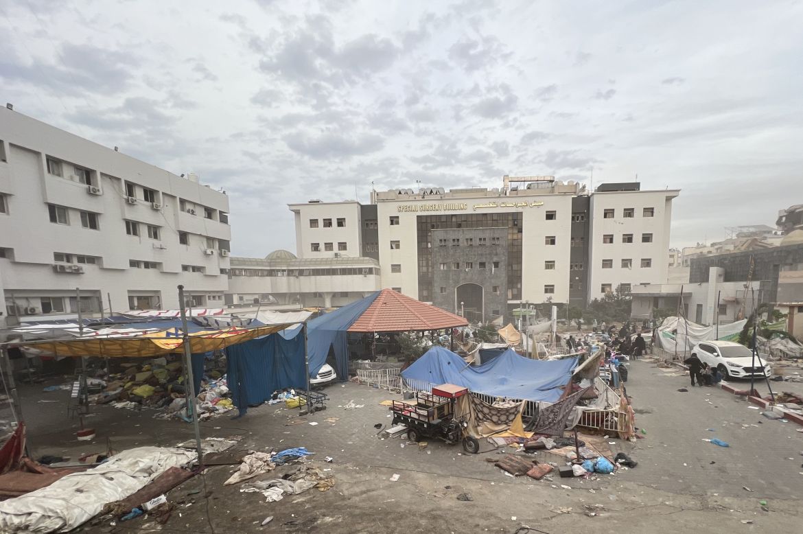 The Al-Shifa Hospital which houses thousands of injured and displaced Palestinians, is seen after the 4-day humanitarian pause begins for prisoner exchange between the Israeli army and Palestinian group Hamas in Gaza City, Gaza on November 25