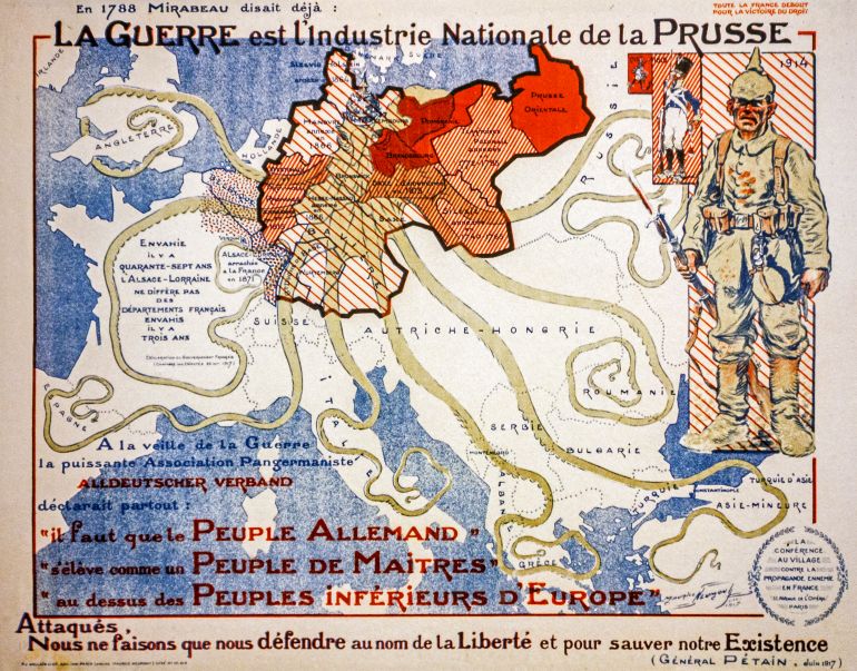 French vintage WWI propaganda map from 1917 showing German invasion as giant octopus during the First World War One. 