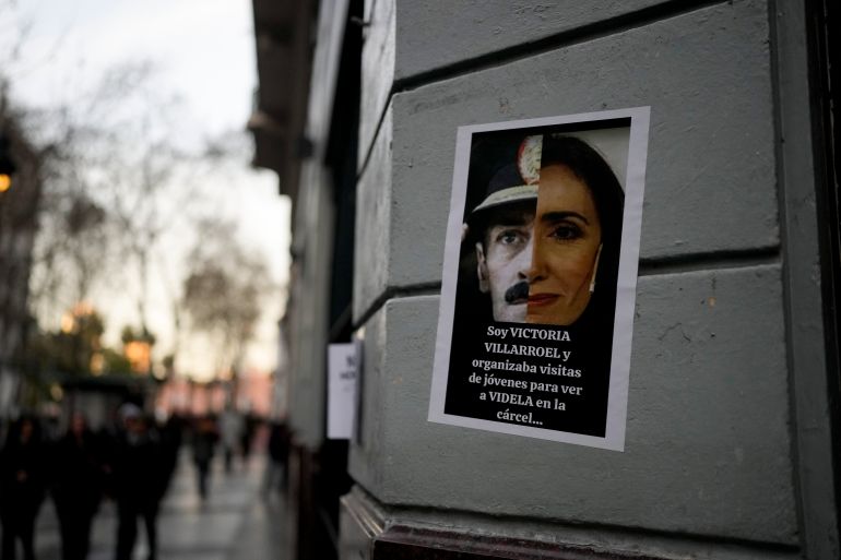 A flyer in Buenos Aires juxtaposes the face of then-vice presidential candidate Victoria Villarruel with that of former military leader Jorge Rafael Videla, whom she visited in prison