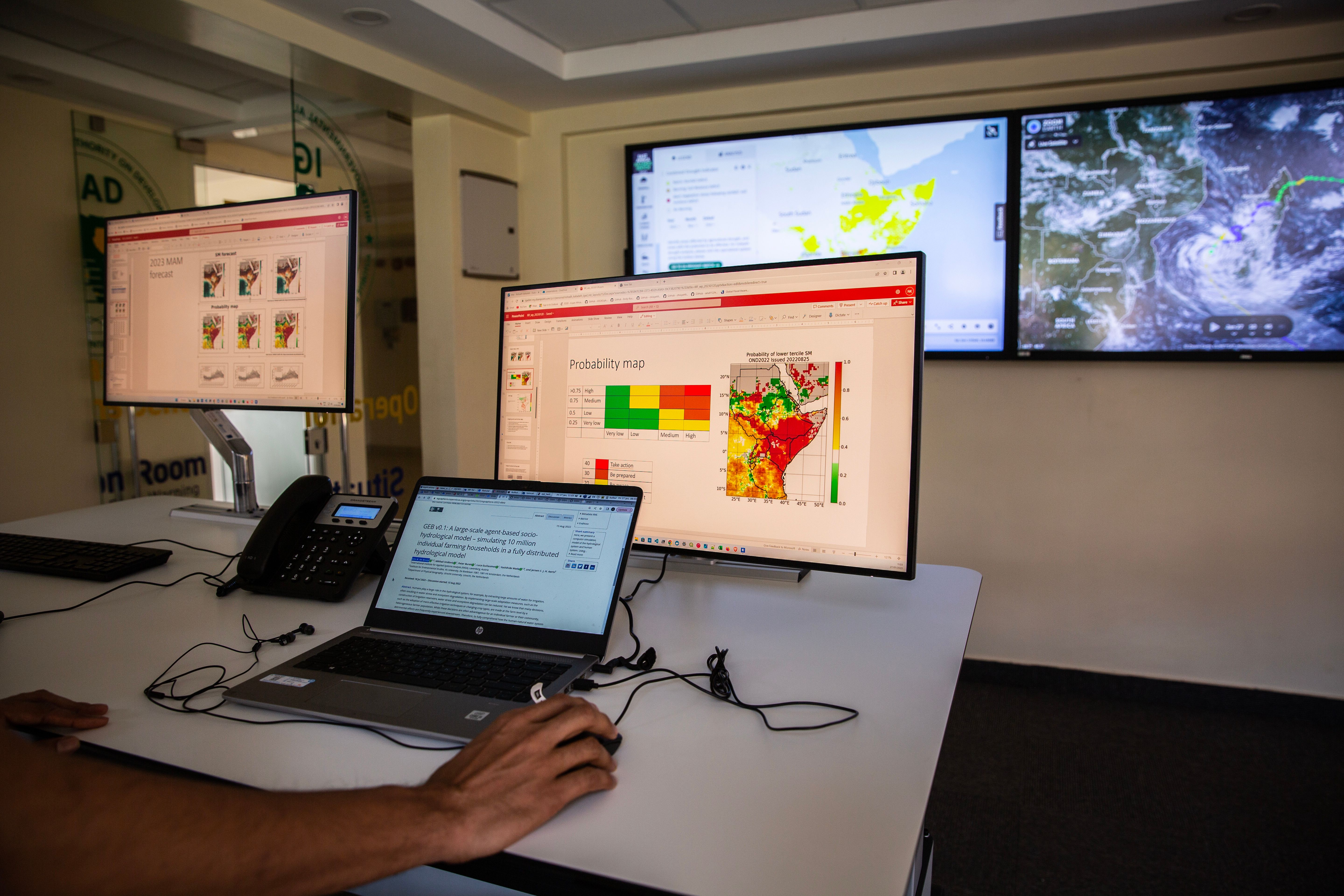At the regional climate centre, ICPAC, data collected from the global system is broken down and analysed. ICPAC issues seasonal, monthly and weekly forecasts, seasonal outlooks and early warning systems for eleven countries in East Africa. The centre also monitors hazards and makes the information freely available to all through the East African Hazards Watch, the East Africa Drought Watch and the Agricultural Watch.
