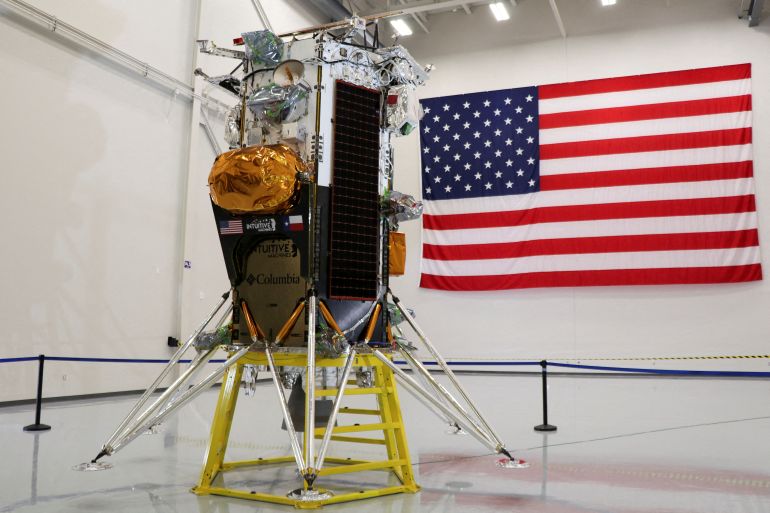 The Nova-C lunar lander designed by aerospace company Intuitive Machines is displayed at the company's headquarters in Houston
