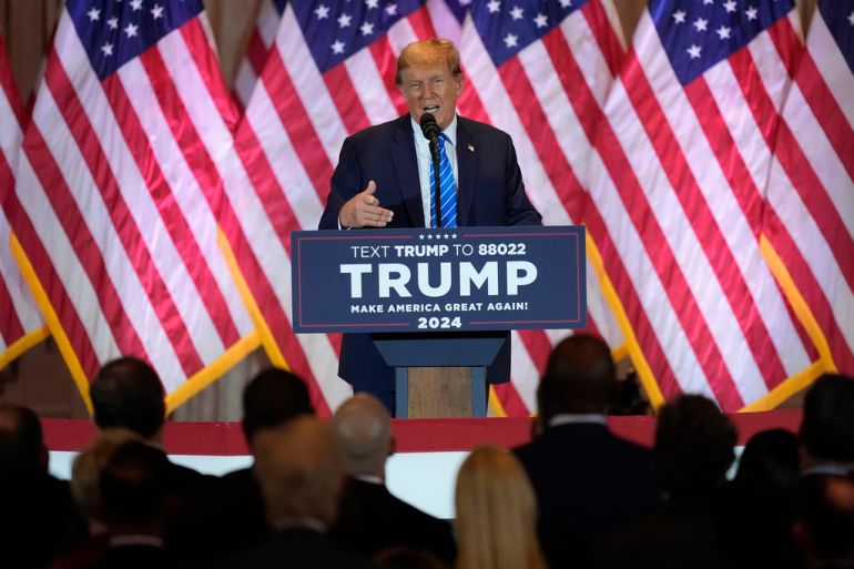 Republican presidential candidate former President Donald Trump speaks at a Super Tuesday election night party, Tuesday, March 5, 2024