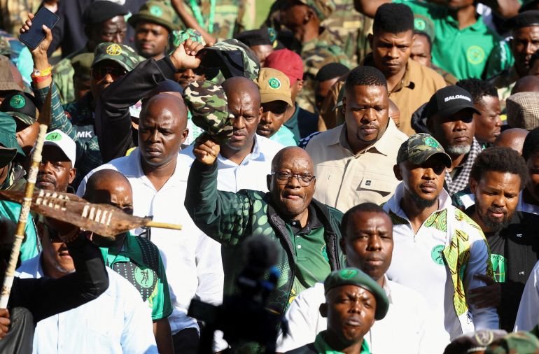 Jacob Zuma arrives before the launch of the election manifesto of his political party, uMkhonto we Sizwe, before the May 29 general election, at a rally in Soweto, South Africa