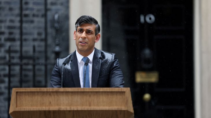 British Prime Minister Rishi Sunak delivers a speech calling for a general election