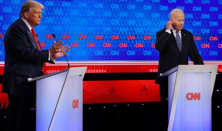 Republican candidate Donald Trump and Democratic candidate Joe Biden attend a debate ahead of the United States presidential election, in Atlanta, Georgia, the US on June 27, 2024