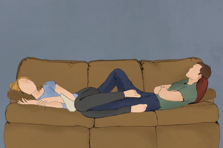 An illustration depicts a man and a woman lying at opposite ends of a light brown sofa with their legs intertwined