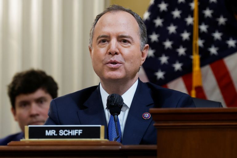 US lawmaker Adam Schiff speaks at a microphone during a committee hearing