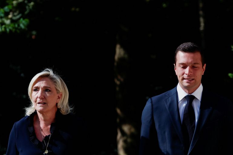 French far-right leader Marine Le Pen, member of parliament of the Rassemblement National (National Rally - RN) party and the party's President Jordan Bardella