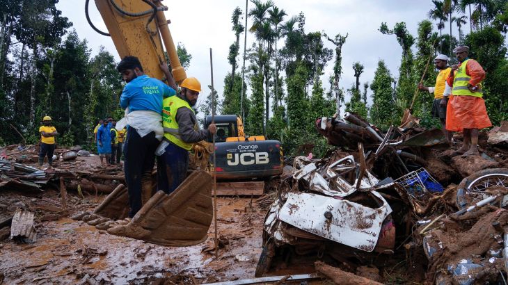 Rescuers use machinery to sift through debris on their second day of mission following Tuesday’s landslides at Chooralmala, Wayanad district, Kerala state, India, Wednesday, July 31, 2024. (AP Photo/Rafiq Maqbool)