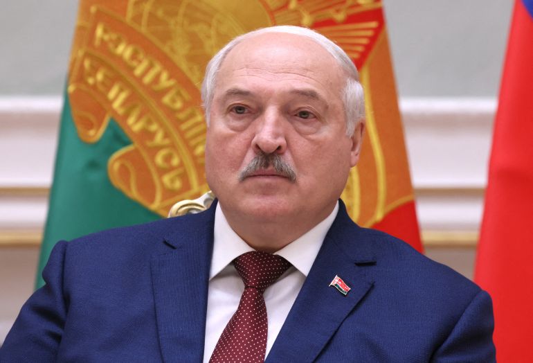 Lukashenko attends a news briefing following talks with Putin in Minsk on May 24, 2024