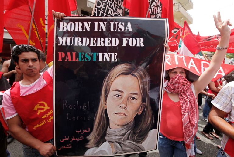 Lebanese protesters with a poster of Rachel Corrie during a demonstration near the US embassy in Beirut in 2010