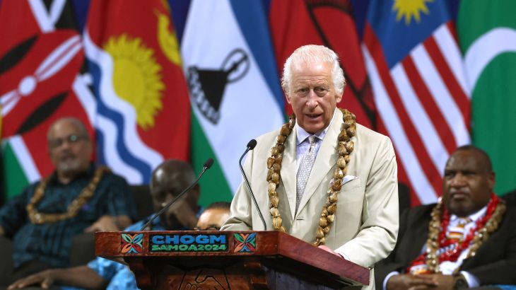 Britain's King Charles III delivers a speech during the opening ceremony for the Commonwealth Heads of Government Meeting (CHOGM) in Apia, Samoa, on October 25, 2024.