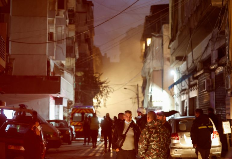 People gather at the site of an Israeli strike in Beirut's Basta neighbourhood, amid the ongoing hostilities between Hezbollah and Israeli forces, Lebanon November 23, 2024. REUTERS/Adnan Abidi