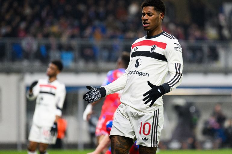 PLZEN, CZECH REPUBLIC - DECEMBER 12: Marcus Rashford of Manchester United reacts during the UEFA Europa League 2024/25 League Phase MD6 match between FC Viktoria Plzen and Manchester United at Stadion mesta Plzne on December 12, 2024 in Plzen, Czech Republic. (Photo by MB Media/Getty Images)