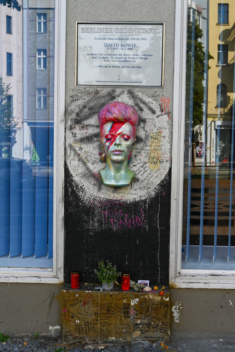 The bust of David Bowie as Aladdin Sane outside the apartment he rented in West Berlin