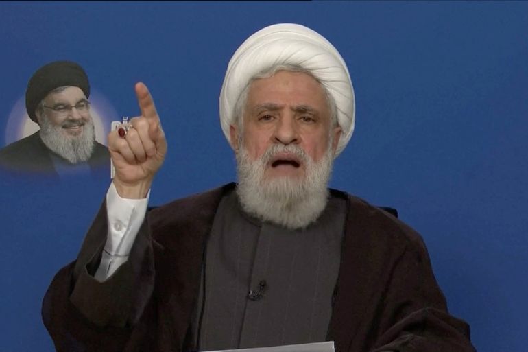 Lebanon's Hezbollah leader Sheikh Naim Qassem delivers an address from an unknown location