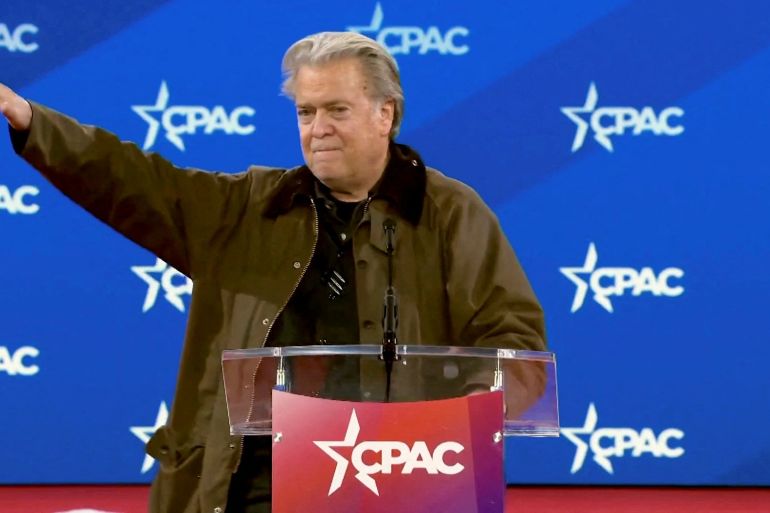 Steve Bannon gestures during a speech to the Conservative Political Action Conference (CPAC)