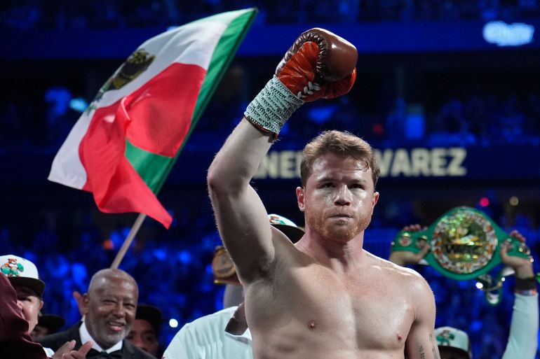 Canelo Alvarez reacts before fighting Edgar Berlanga.