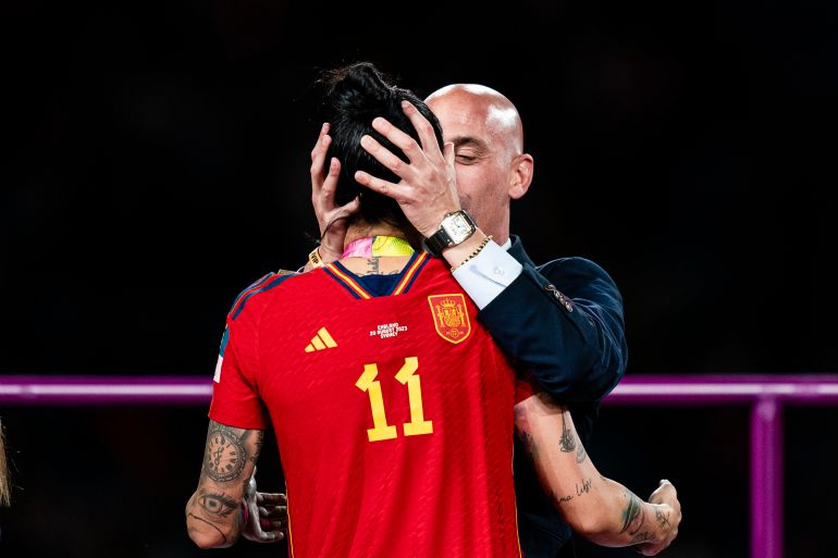 Rubiales (R) kisses Hermoso during the medal ceremony of the FIFA Women’s World Cup Australia 2023 final match between Spain and England on August 20, 2023, in Sydney