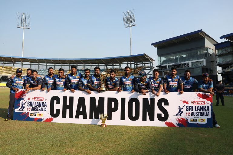COLOMBO, SRI LANKA - FEBRUARY 14: Sri Lanka pose with the winners trophy after they defeated Australia during the ODI match between Sri Lanka and Australia at R. Premadasa Stadium on February 14, 2025 in Colombo, Sri Lanka. (Photo by Robert Cianflone/Getty Images)