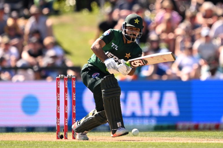 Khushdil Shah top scored for Pakistan with 32 runs from 30 balls in the first T20 match against New Zealand at Hagley Oval, on March 16, 2025, in Christchurch, New Zealand
