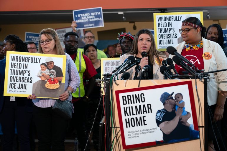 Jennifer Vasquez Sura, wife of Kilmar Abrego Garcia, speaks during a news conference.