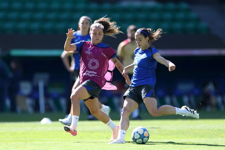 Claudia Pina, left, and Aitana Bonmati of Barcelona during a training session before the UEFA Women’s Champions League Final 2025 against Arsenal