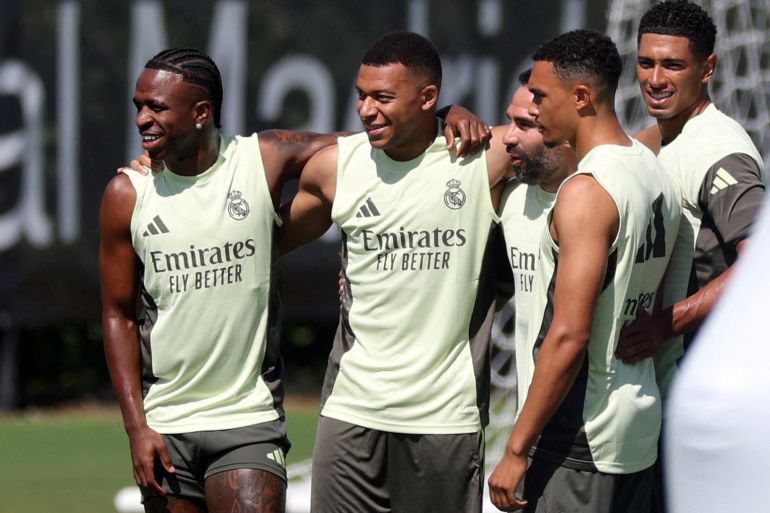 Real Madrid's Vinicius Junior, Kylian Mbappe, Dani Carvajal, Trent Alexander-Arnold and Jude Bellingham during training at the Club World Cup