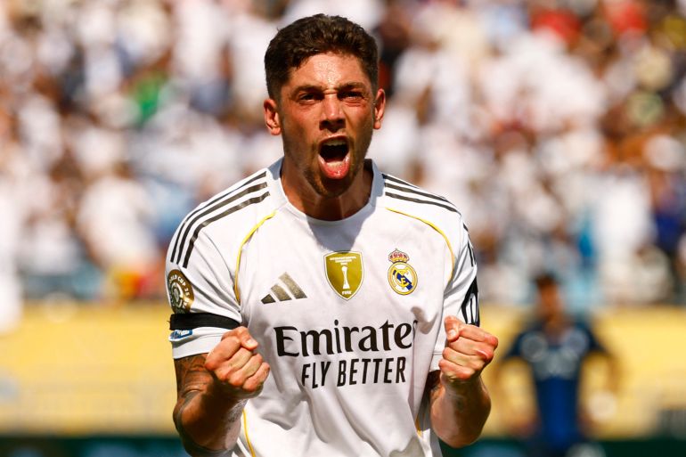 Real Madrid's Federico Valverde celebrates scoring their third goal