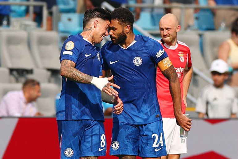 Chelsea's Reece James celebrates scoring their first goal with Enzo Fernandez