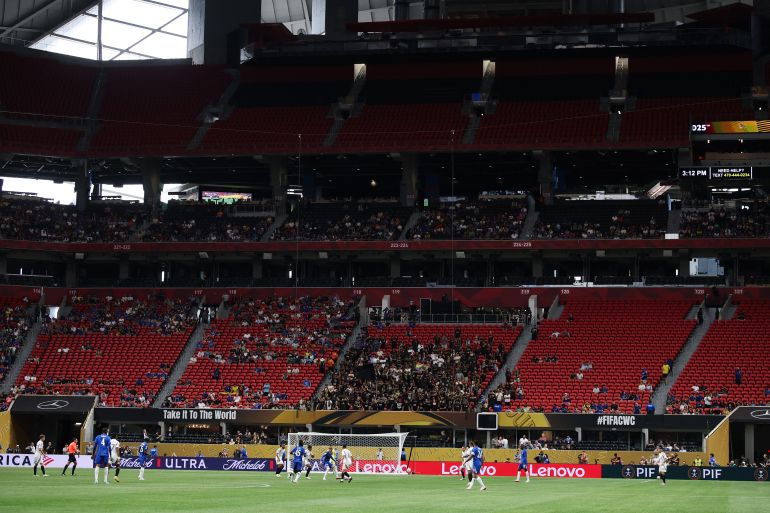 ATLANTA, GEORGIA - JUNE 16: General view inside the stadium with empty seats in the stands during the FIFA Club World Cup 2025 group D match between Chelsea FC and Los Angeles Football Club at Mercedes-Benz Stadium on June 16, 2025 in Atlanta, Georgia. Alex Grimm/Getty Images/AFP (Photo by ALEX GRIMM / GETTY IMAGES NORTH AMERICA / Getty Images via AFP)