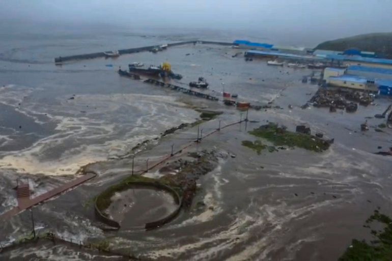 A still image taken from handout video provided by the Geophysical Center of the Russian Academy of Sciences shows a flooded area in Severo-Kurilsk, Sakhalin Region, Russia