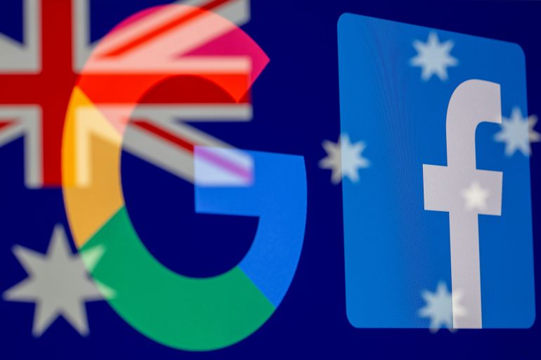 Google and Facebook logos and Australian flag are displayed in this illustration taken, February 18, 2021. REUTERS/Dado Ruvic/Illustration